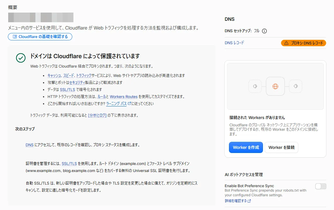 ドメインの概要の画面。「ドメインは Cloudflare によって保護されています」と表示されている