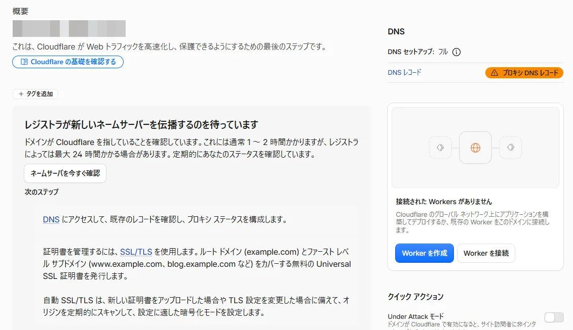 ドメインの概要の画面。「レジストラが新しいネームサーバーを伝播するのを待っています」と表示され、「ネームサーバを今すぐ確認」ボタンがある