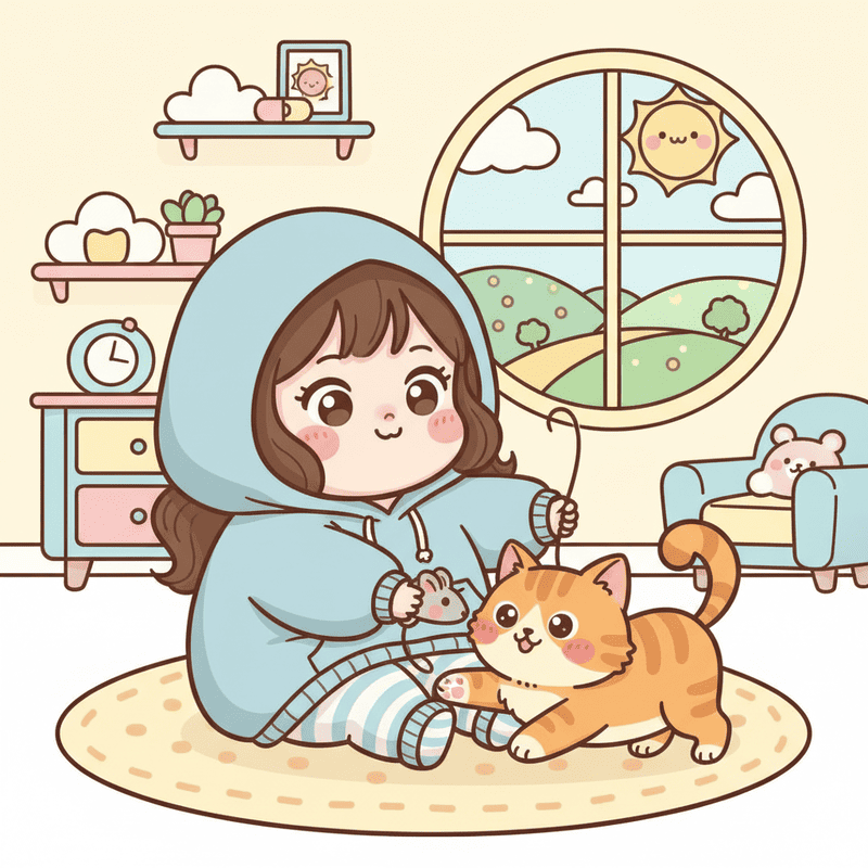 女の子が猫と遊んでいるデフォルメされた画像