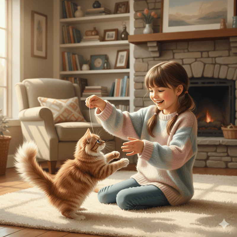 女の子が猫と遊んでいるセミリアルな画像