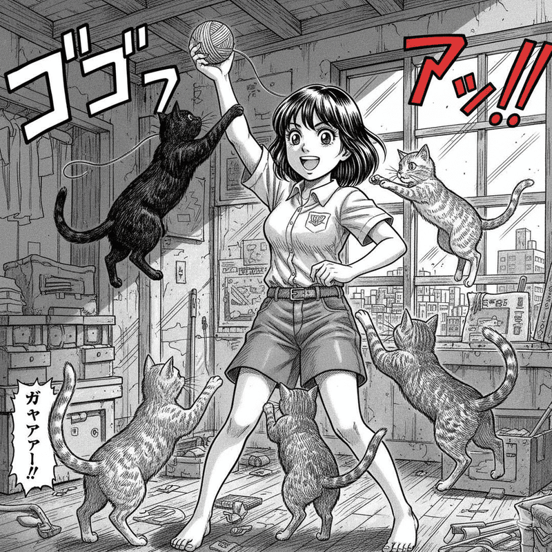 女の子が猫と遊んでいる劇画風の画像