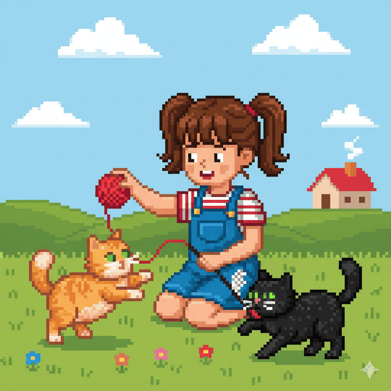 女の子と猫が遊んでいるピクセルアートの画像