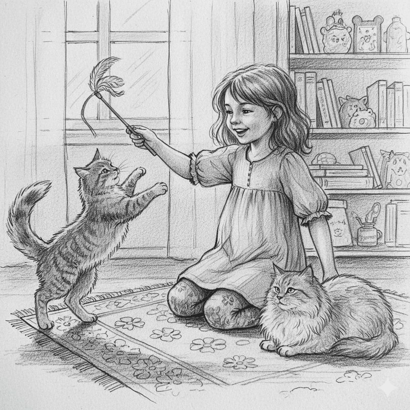 女の子が猫と遊んでいる鉛筆画