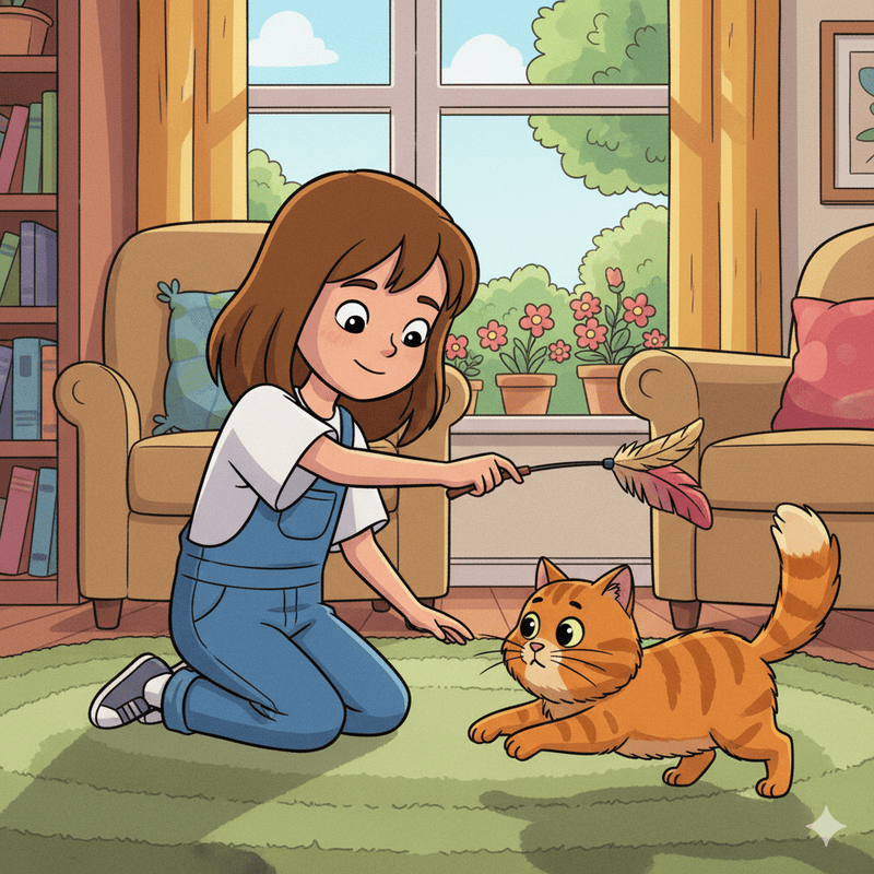 女の子が猫と遊んでいるセルルックの画像