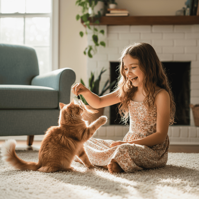 女の子が猫と遊んでいるフォトリアルな画像