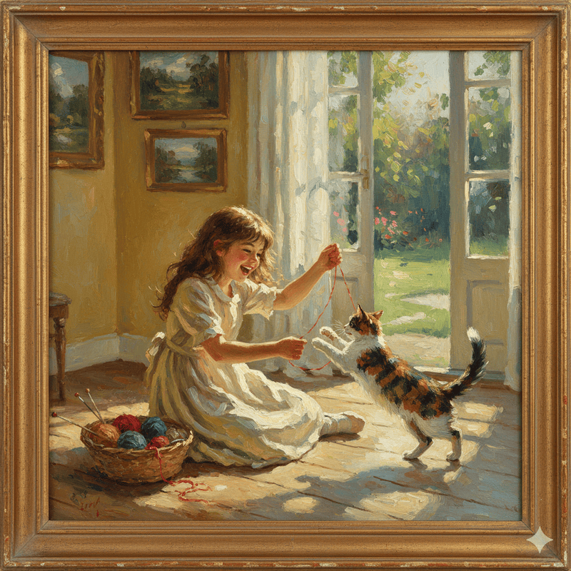 油絵風の女の子と猫が遊んでいる画像
