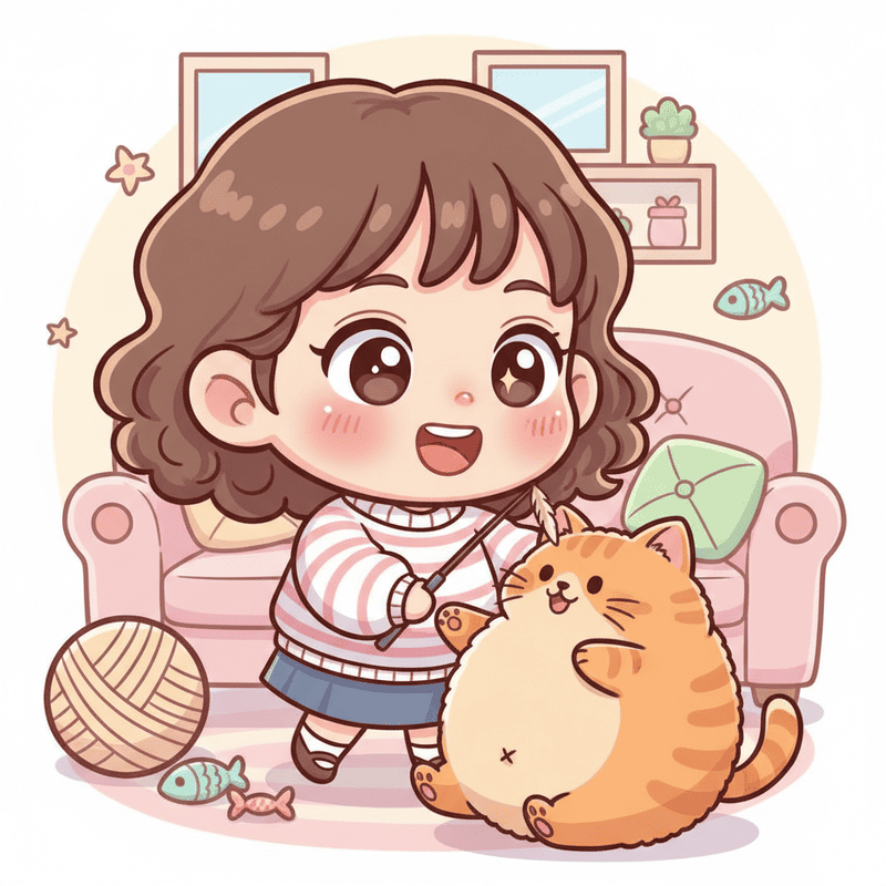 女の子が猫と遊んでいるスーパーデフォルメされた画像
