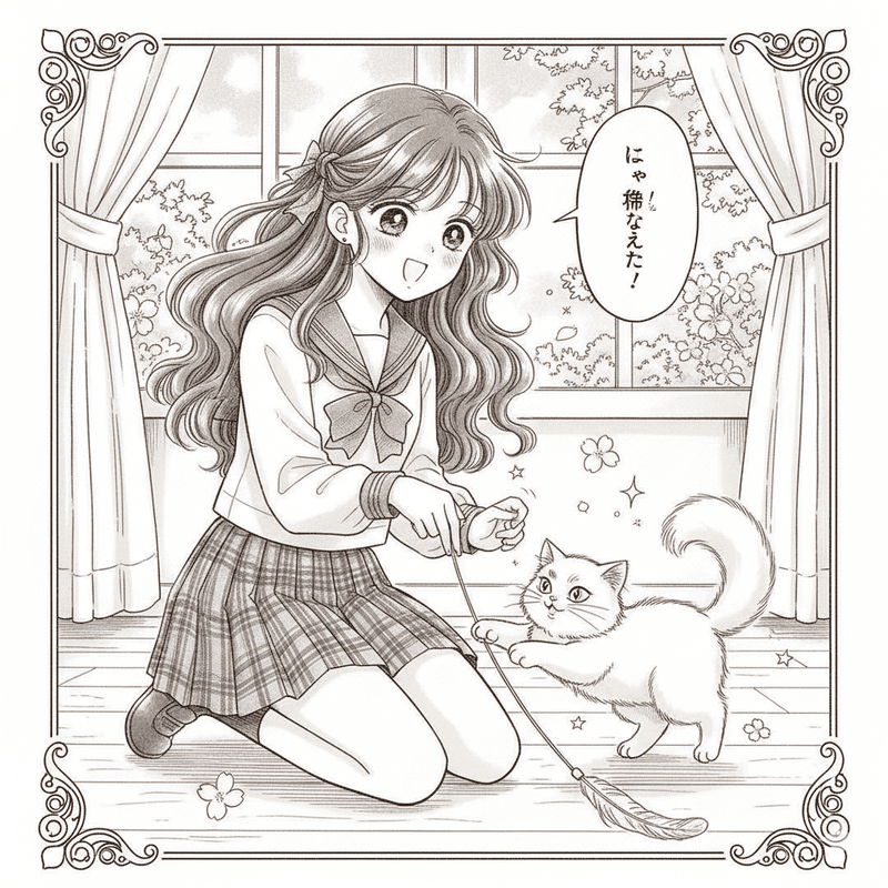 女の子が猫と遊んでいる少女漫画の1コマ