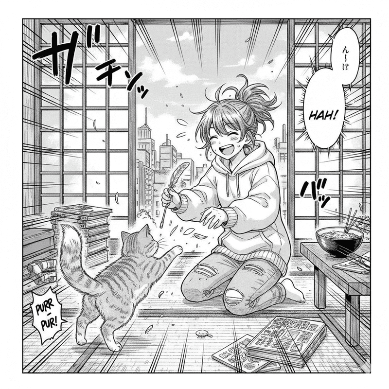 女の子が猫と遊んでいる少年漫画の1コマ
