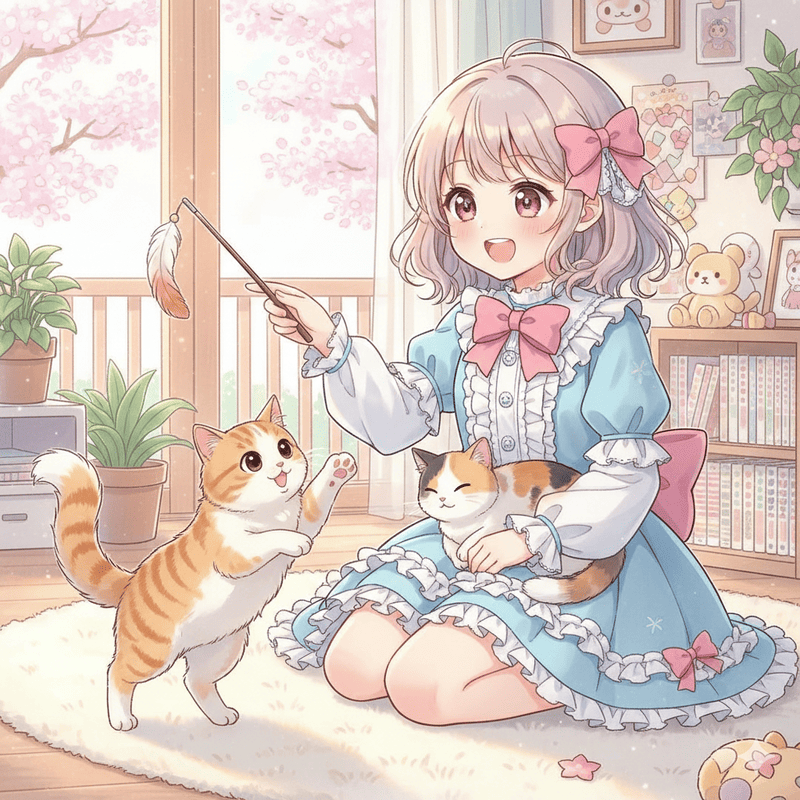 女の子が猫と遊んでいる萌え系の画像