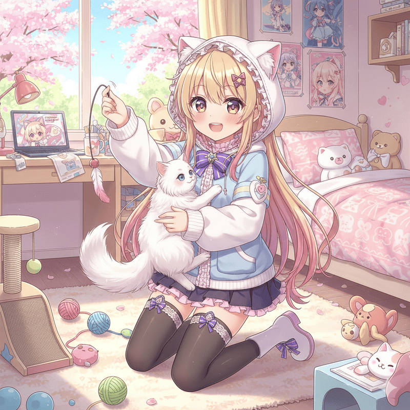 ギャルゲ塗りの女の子と猫が遊んでいる画像