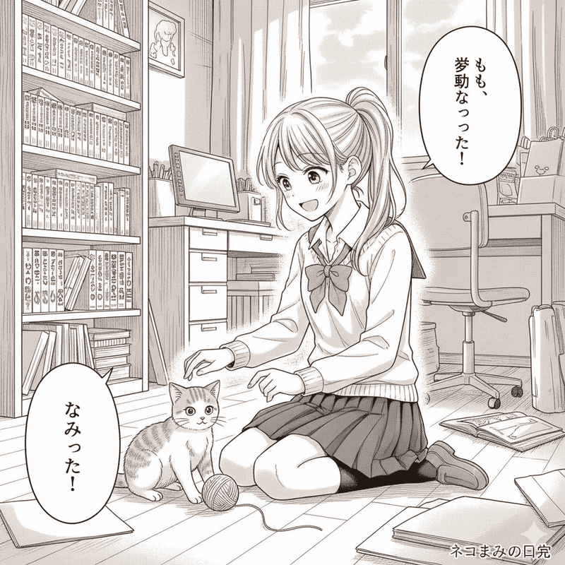女の子が猫と遊んでいる青年漫画の1コマ